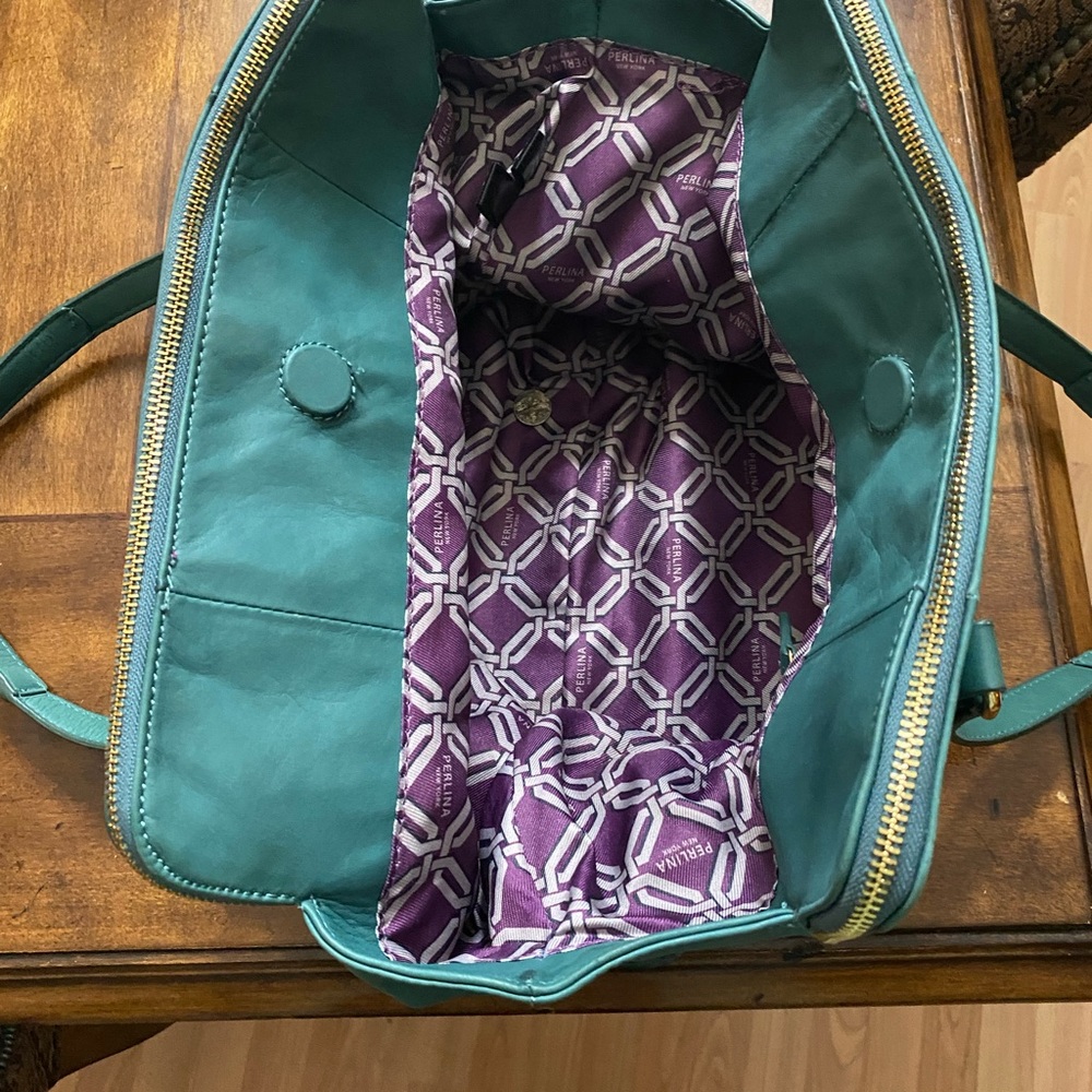 Perlina New York handbag. Soft teal green leather.